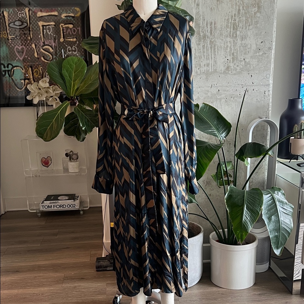Marina Rinaldi Teal and Tan Chevron Long-Sleeve Shirt Dress